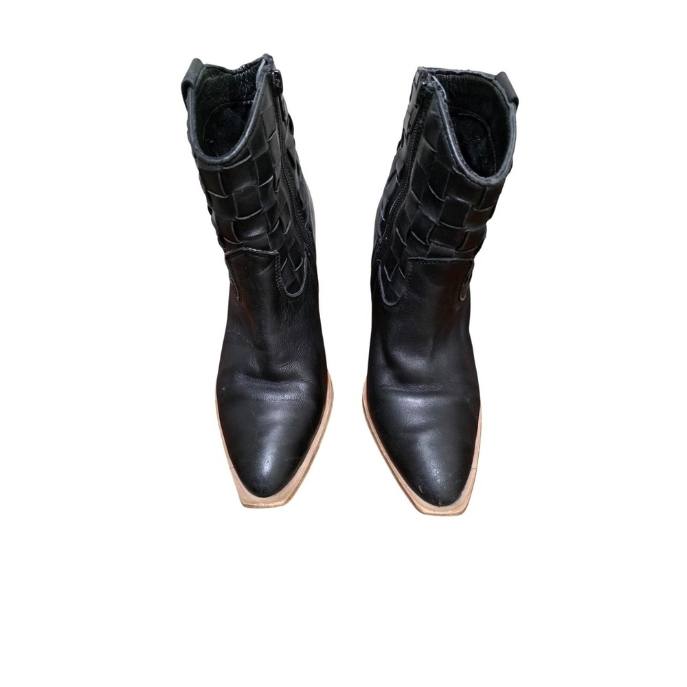Matisse Black Leather Pointed Toe Ankle‎ Boots Woven Detail Block Heel Size 6M